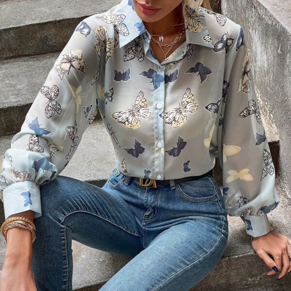 Boho Butterfly Print Sheer Button Up Top Work - Picture 3 of 6
